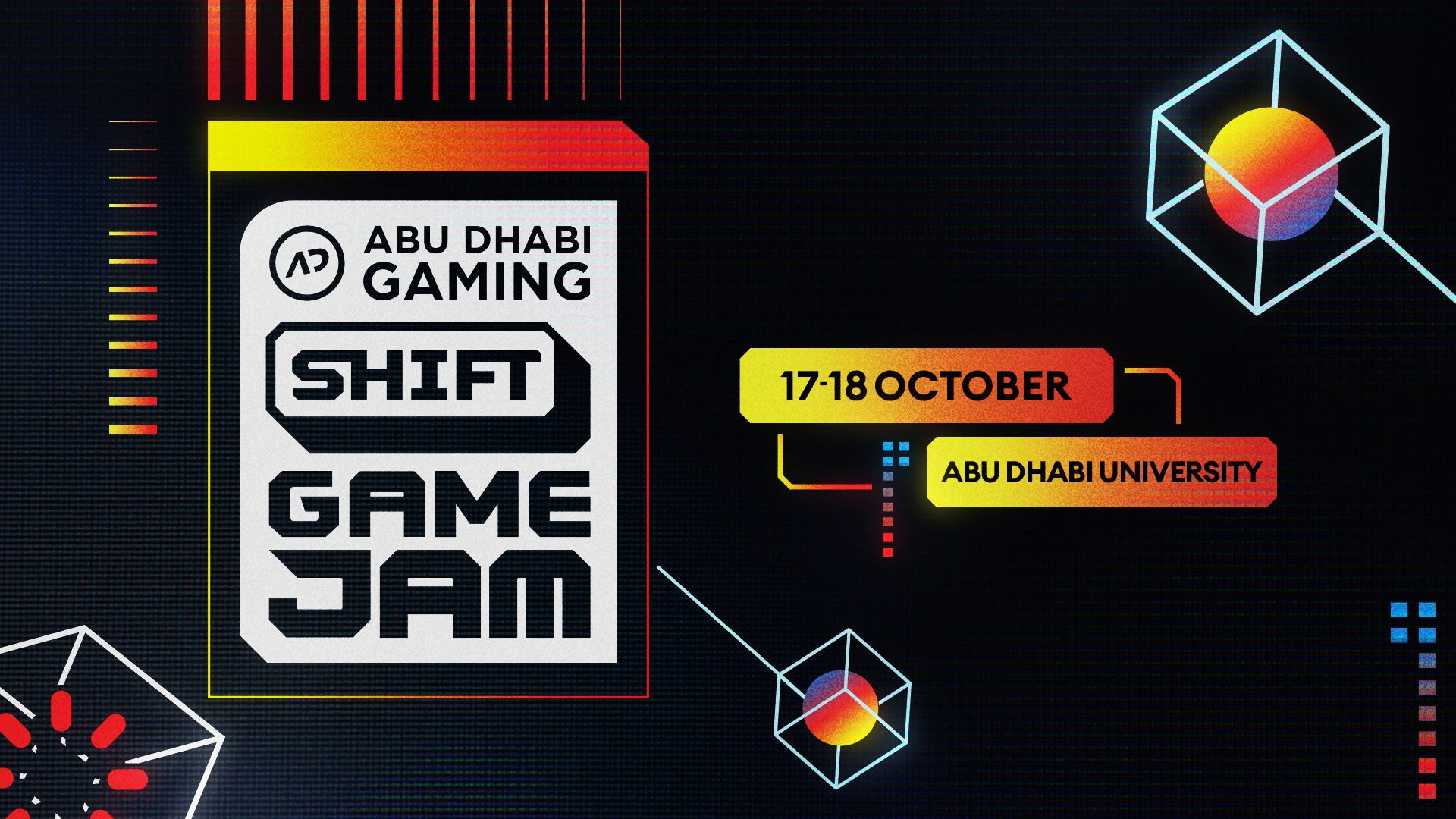 Shift Game Jam event banner: the Abu Dhabi Gaming cartridge mark, with 17-18 October and Abu Dhabi University alongside it.